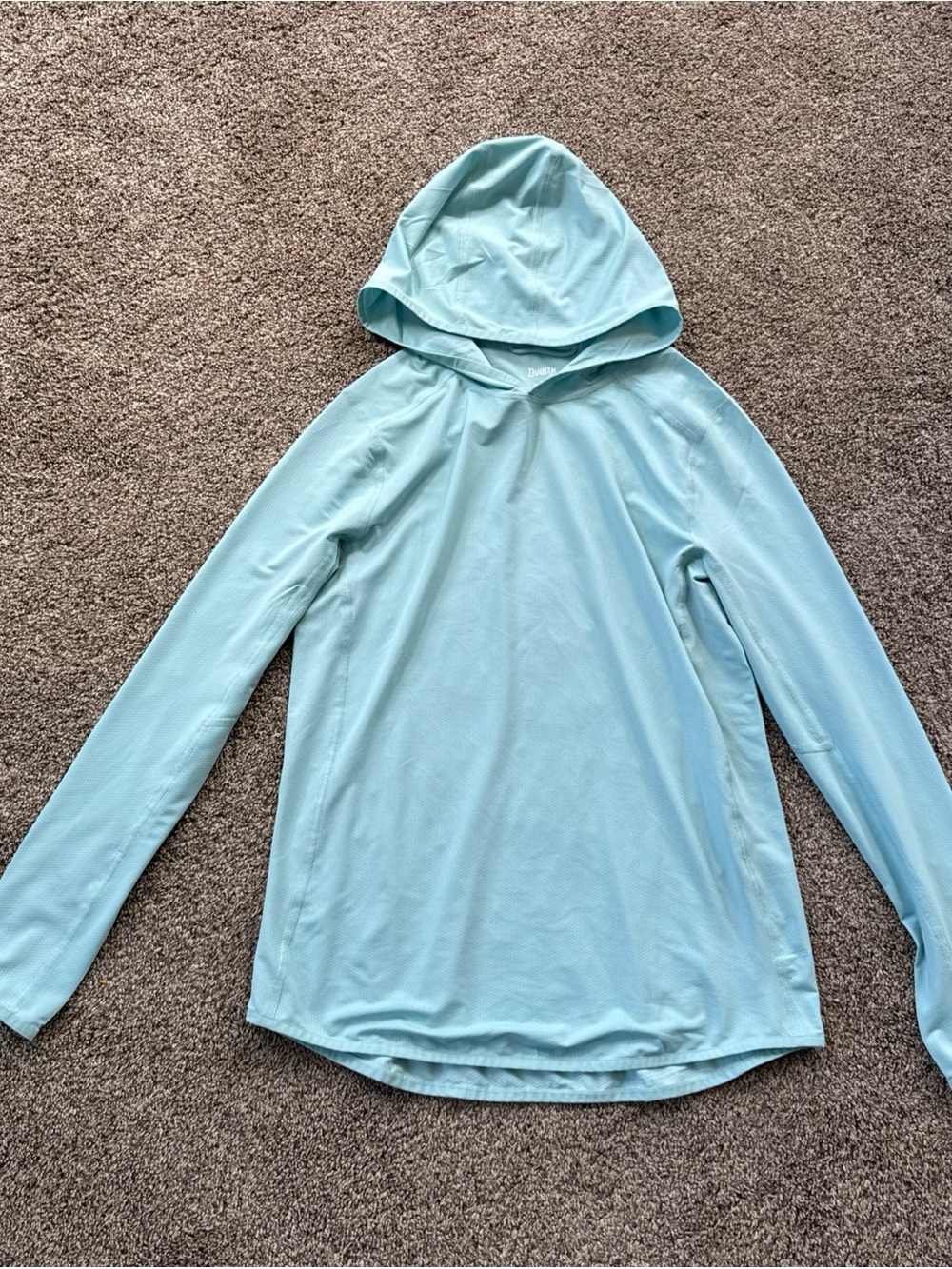 Duluth Trading Co Women’s Medium Light Blue Hooded Athletic Long Sleeve Top EUC
